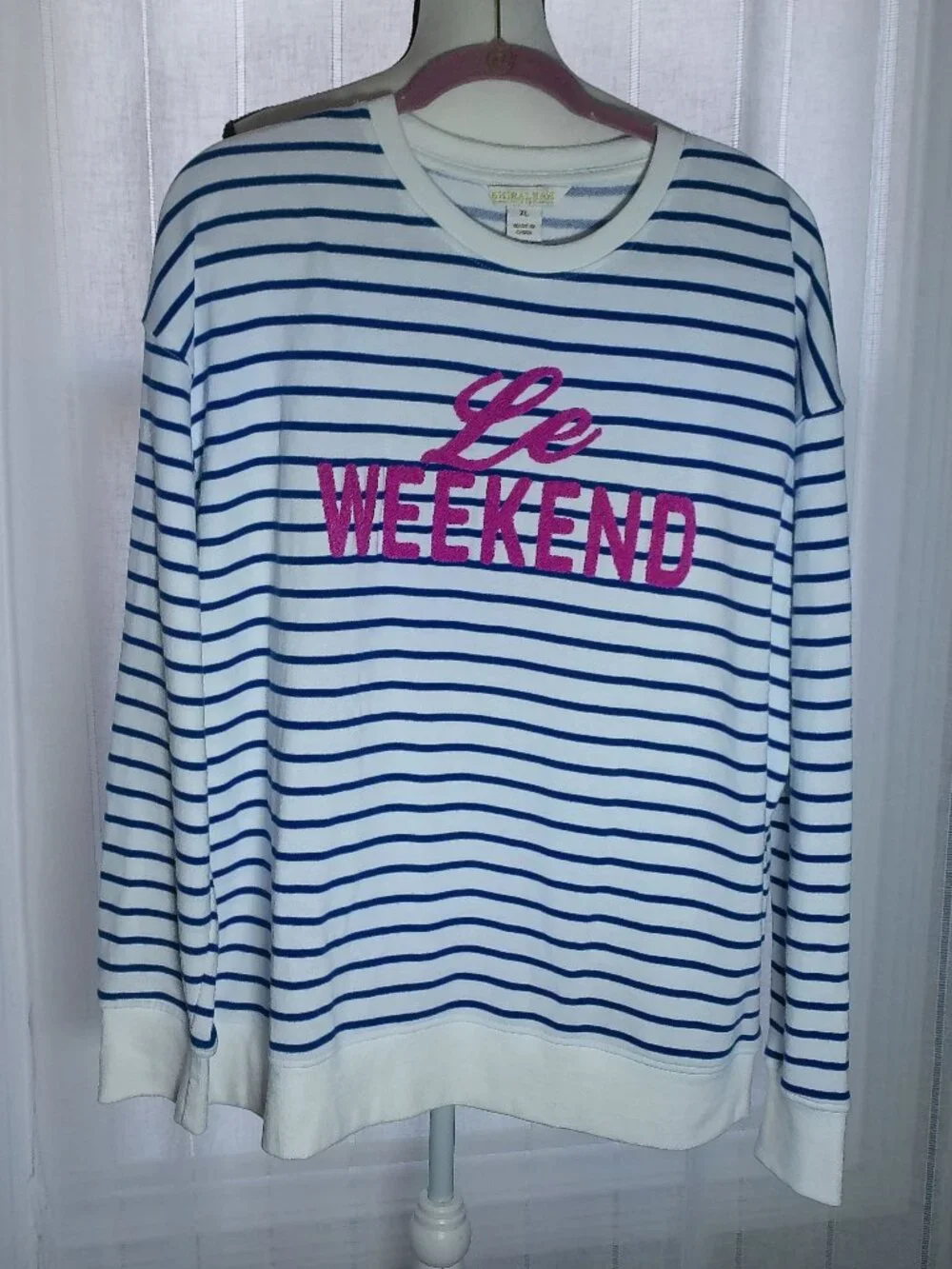 SHIRALEAH Lg Sleeve Scoop Neck White w/Navy Stripe Sherpa Lettered Sweatshirt XL
